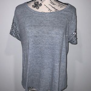 BKE Boutique Sequined Detail Sleeve High Low Short Sleeve Tee